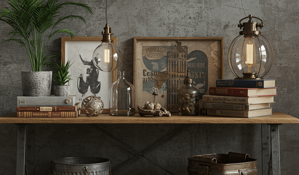 Industrial DIY decor: Urban edge home design. Metal, wood, concrete accents. Creative, striking interior.