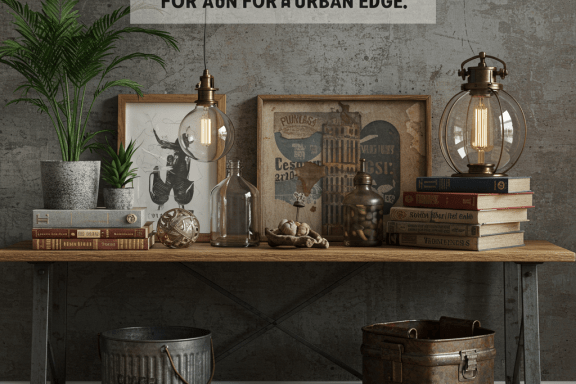 Industrial DIY decor: Urban edge home design. Metal, wood, concrete accents. Creative, striking interior.