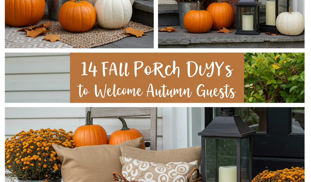 DIY Fall porch decor: pumpkins, mums, autumn wreaths welcome guests.