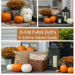 DIY Fall porch decor: pumpkins, mums, autumn wreaths welcome guests.