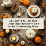 Cozy fall DIY home decor: pumpkins, warm lighting, rustic accents.